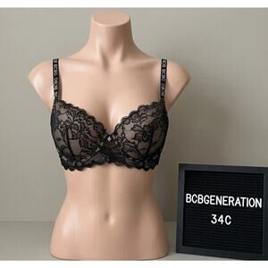 BCBGeneration 34C Bra Black All About Lace Push-Up Underwire Branded Straps